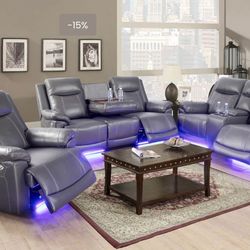 Power electric gray leather fully reclining couch set