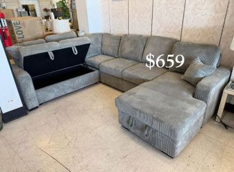XL sectional sofa with pull-out bed & double storage grey corduroy new in box