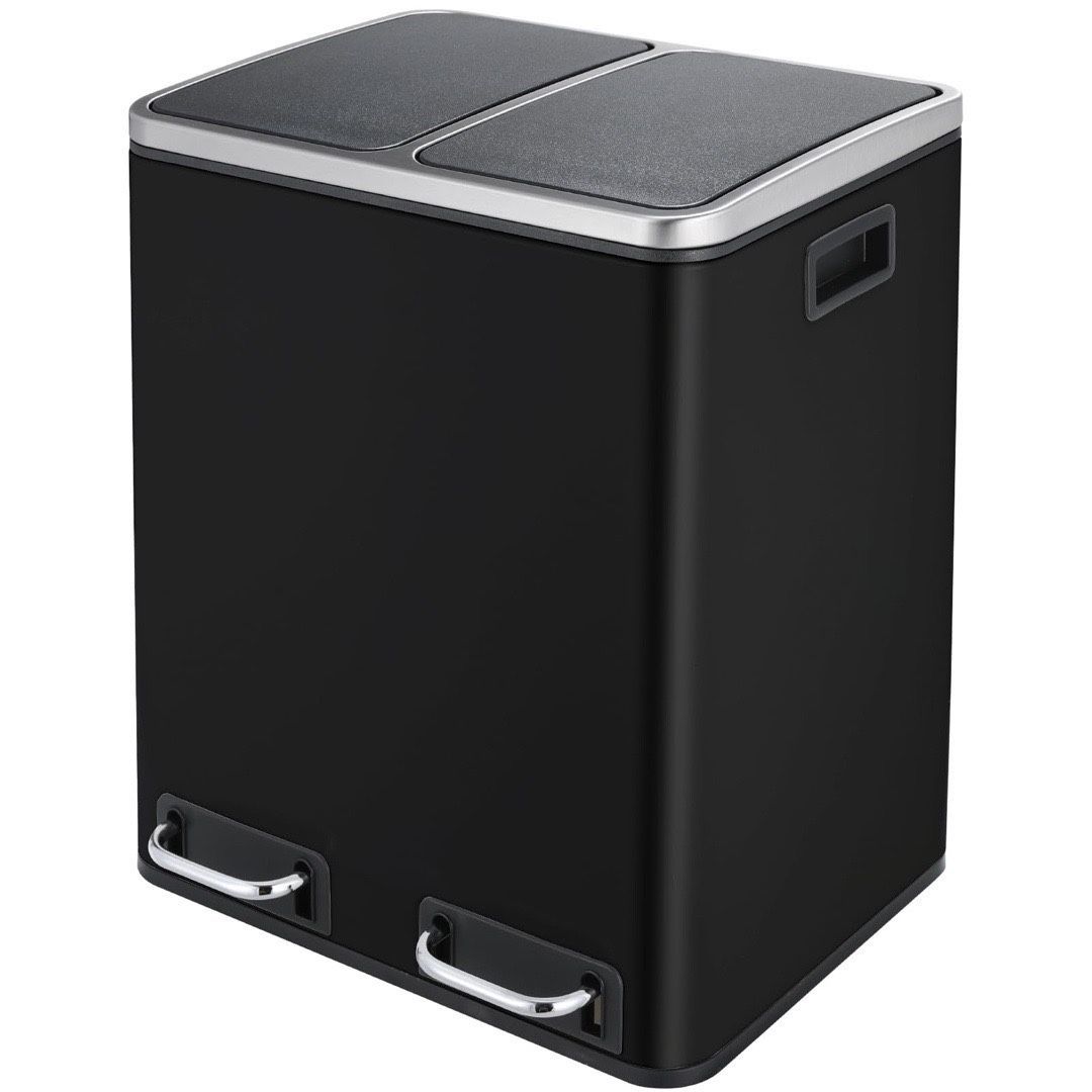 New Arlopu 8 Gallon Dual Trash Can, 30L(2X15L) Stainless Steel Kitchen Garbage Can, Step-on