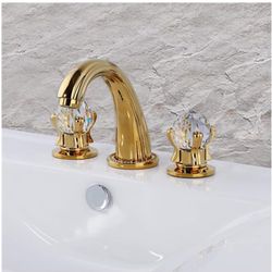 Bathroom Sink Faucet 3 Hole Deck Mounted Widespread Brass Bathroom Faucet Crystal Handle Mixer Tap Gold Ti-PVD (Gold)