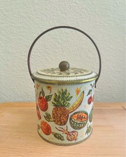 🍍Vintage Baret Ware "Art Grace" fruit-and-vegetable-themed lithographed tin biscuit barrel made in England