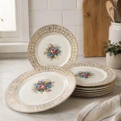 Triumph American Limoges Rosalie TS350-1 Dinner Plates 22K Gold USA Set Of 8