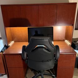 Authentic danish, 66" Executive Cherry Desk & Lighted Hutch - Excellent Condition