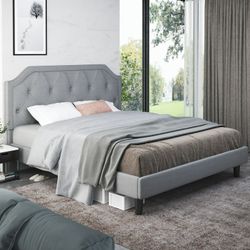 Queen Upholstered Platform Bed Frame with Diamond Button Tufted Headboard