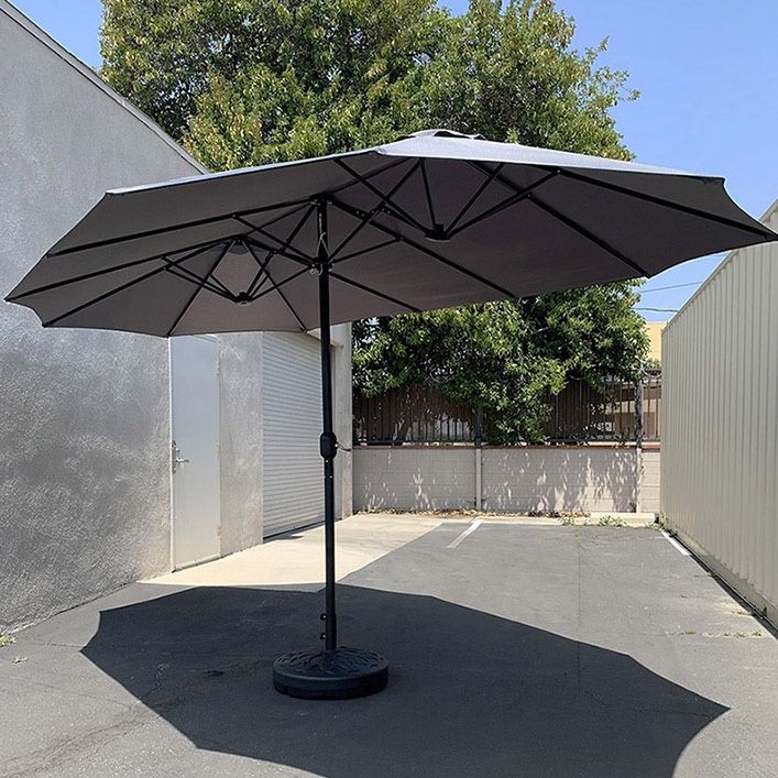 (Brand New) $130 Large Double Sided Outdoor (15ft Umbrella and 65lbs Plastic Base set) Colors Red/Gray 