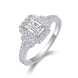 Fifty8 1ct DEW Emerald Cut Moissanite Halo Ring, 925 Sterling Silver, Dream Box