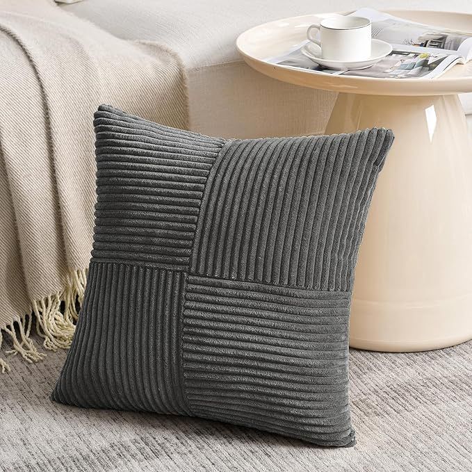 Fancy HOMI Rustic Farmhouse Corduroy 24”X24” Patchwork Dark Grey Pillow Covers. Inserts Not Included. 2 Pack.