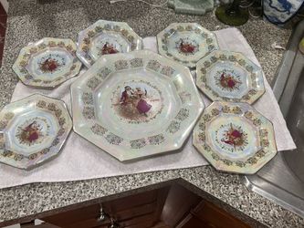 Vintage Japan Opal Iridescent w/ Gold Dinner Plate W/ Six Side Plates