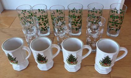 Holiday glasses and mugs. 6 holly, 3 snowflake, 4 white tree mugs.