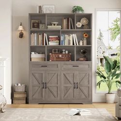 71'' H Bookcase With 2 Drawers, storage cabinet , grey color pantry , book shelf display cabinet 