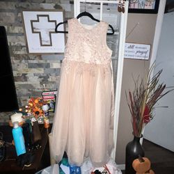 Girls Light Pink/ Champagne Color Lace Dress (Size 14)