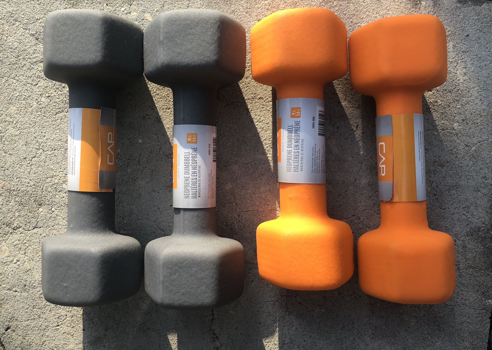 8 and 10 pound Hex Rubber Coates dumbbells