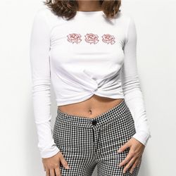 EMPYRE White Red Floral Rose Cropped Knot Front Graphic Long Sleeve Top