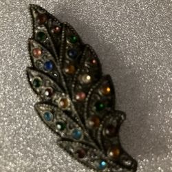 Vintage Silver Tone Filigree Leaf with Multicolored Rhinestones Brooch