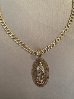 10 Kt Solid Gold Chain W/ Guadalupe Charm