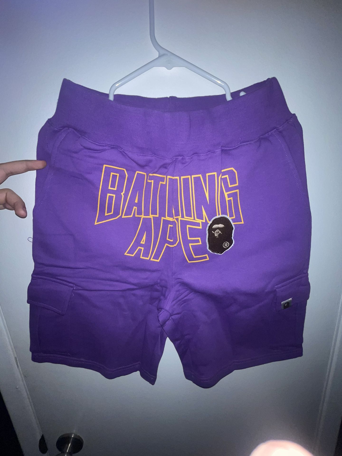 L Purple Bape Sweat Cargo Shorts 