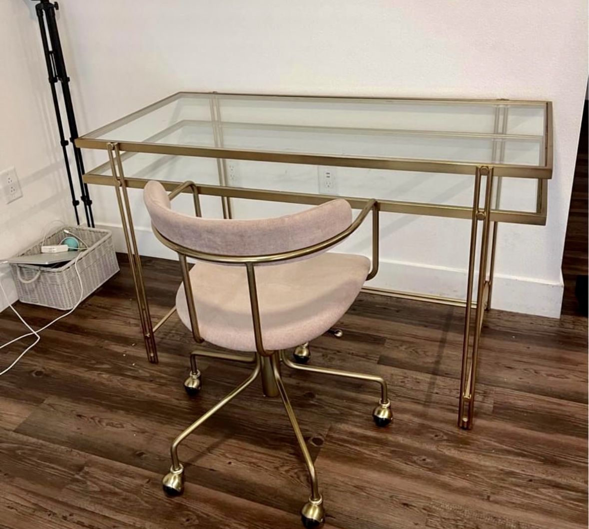 Glass and Brass Frame Two-Tier Desk by West Elm