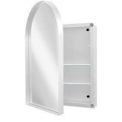 New in Box White Arched Medicine Cabinet Mirror W/ Shelf for Bathroom Recessed Metal Framed 24x36