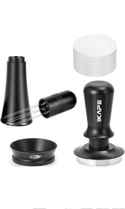 IKAPE 58mm Espresso Tamper Kit 4 in 1 Black, Complete Portafilter accessory set, Coffee Tamper, WDT Tool, Paper Filters (200pc), Dosing Funnel for 58 