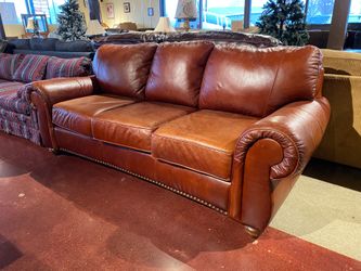 Red-Brown Leather 3-Seater Sofa w/ Stud Trim
