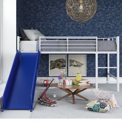 Twin Metal Loft Bed, Silver with Blue Slide
