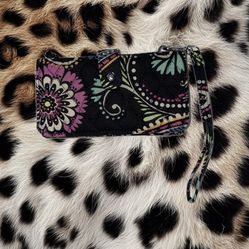 Vera Bradley Black Floral Wristlet with Pink and Green Accents
