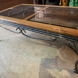 1980’s Metal Base/Oak Wood Framed 2-Panel Glass  Top Coffee Table  $40 