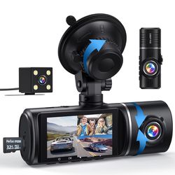 3 Channel Dash Cam, 1080P Front and Rear Inside, Dashcam Three Way Triple Car Camera with IR Night Vision, Loop Recording, G-Sensor, WDR, 24H Parking 