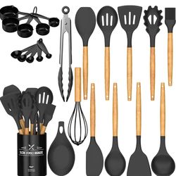 Umite Chef Kitchen Cooking Utensils Set, 33 pcs Non-Stick Silicone Cooking Kitchen Spatula Set with Holder, Wooden Handle Silicone Kitchen Gadgets Ute