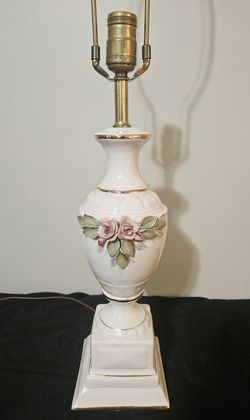 Rare Vintage Pink Applied Rose Porcelain Table Lamp - Capodimonte / MCM