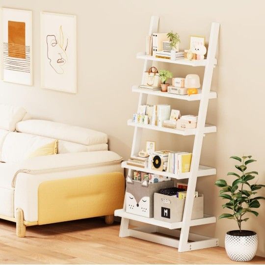 5 Tier Ladder Bookshelf, 24 Wide x 55 Inch Tall Book Shelf, L Shaped Freestanding Bookshelves Corner Bookcase for Bedroom, Classroom, Office, Living R