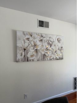 Large Floral Watercolor Painting – White, Gray & Gold