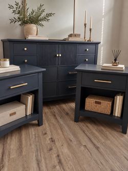 Solid wood Dresser and Two Nightstands Set Coastal Navy