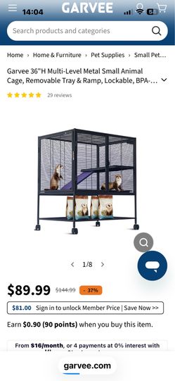 Garvee 36"H Multi-Level Metal Small Animal Cage, Removable Tray & Ramp, Lockable,
