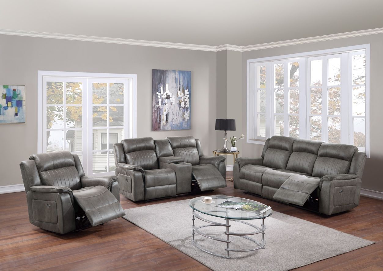 Gray Power Reclining Sofa Set With Console And USB