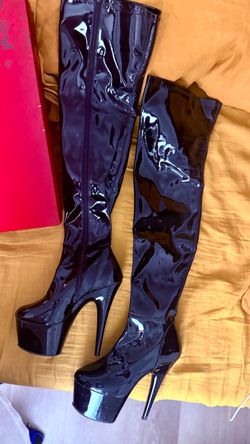Pleaser Black Patent Leather Thigh-High Platform Boots size 10