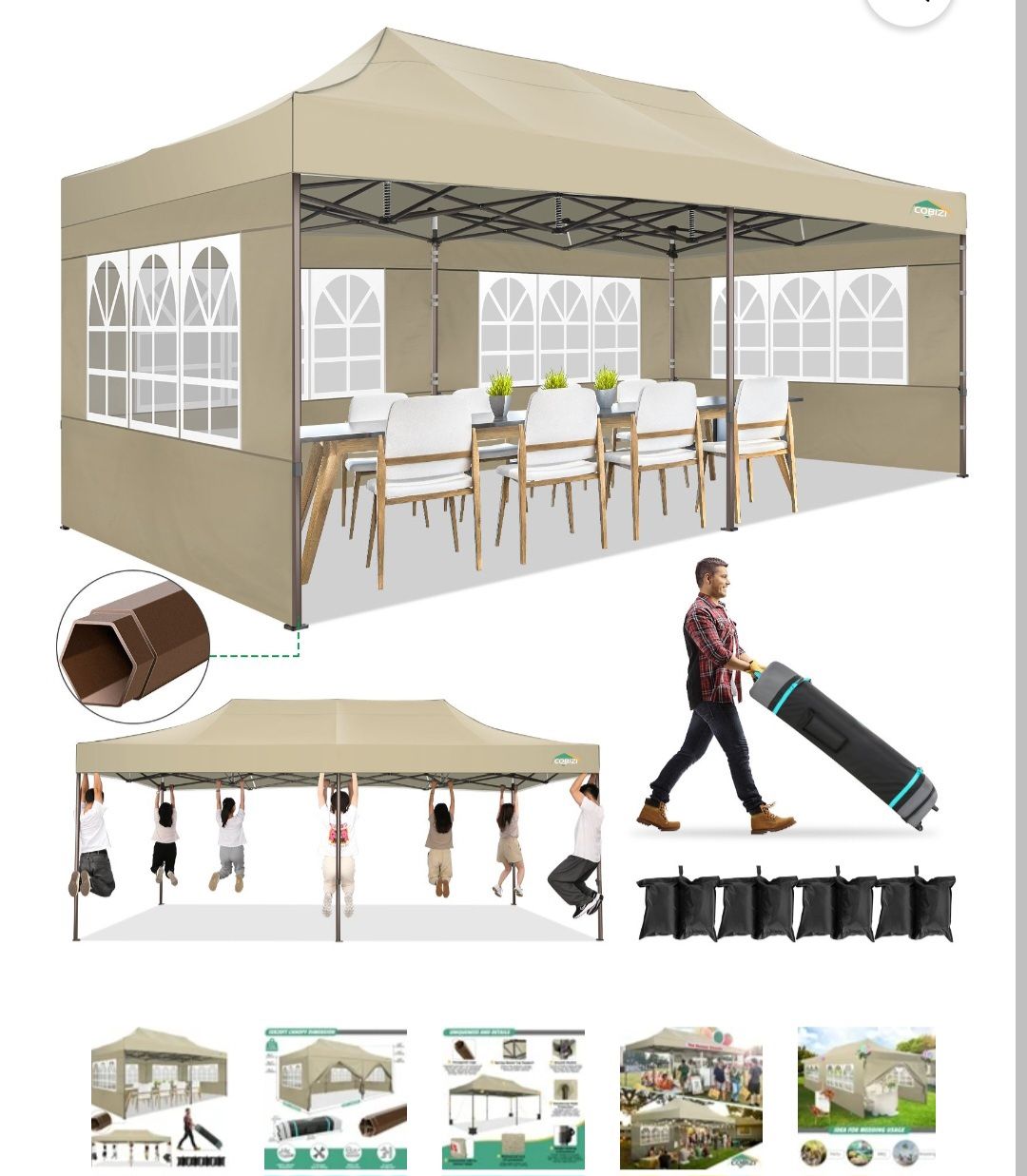 COBIZI Pop Up Canopy Large Party Tent Shelter 10'X20' With 6 Sidewall🤎