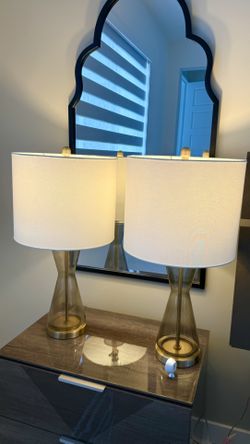 Mid Century Modern Tall Table Lamps – Smoked Glass & Brass, Set of 2
