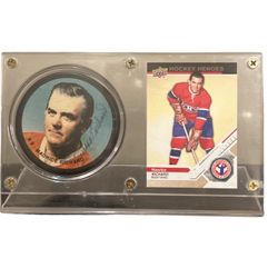 Maurice Richard Autographed Puck w/ COA w/Display and 2018-19 Upper Deck Card