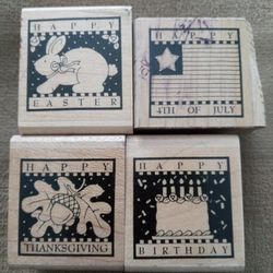 Lot 4 Holiday Wood Mounted Rubber Stamps Thanksgiving Easter Birthday 4th July