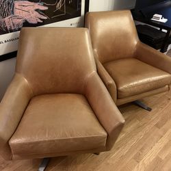 WEST ELM Lucas Leather Swivel Base Chair sold as pair for Sale