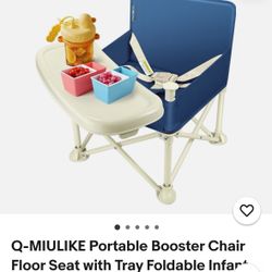 Q-MIULIKE Portable Booster Chair Floor Seat with Tray Foldable Infant Seat Blue