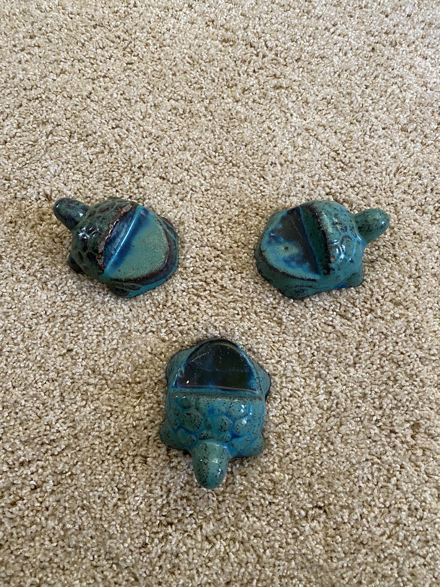 Three Green/Teal Ceramic Turtles For Plant Stand/Pot Holder Garden Decor