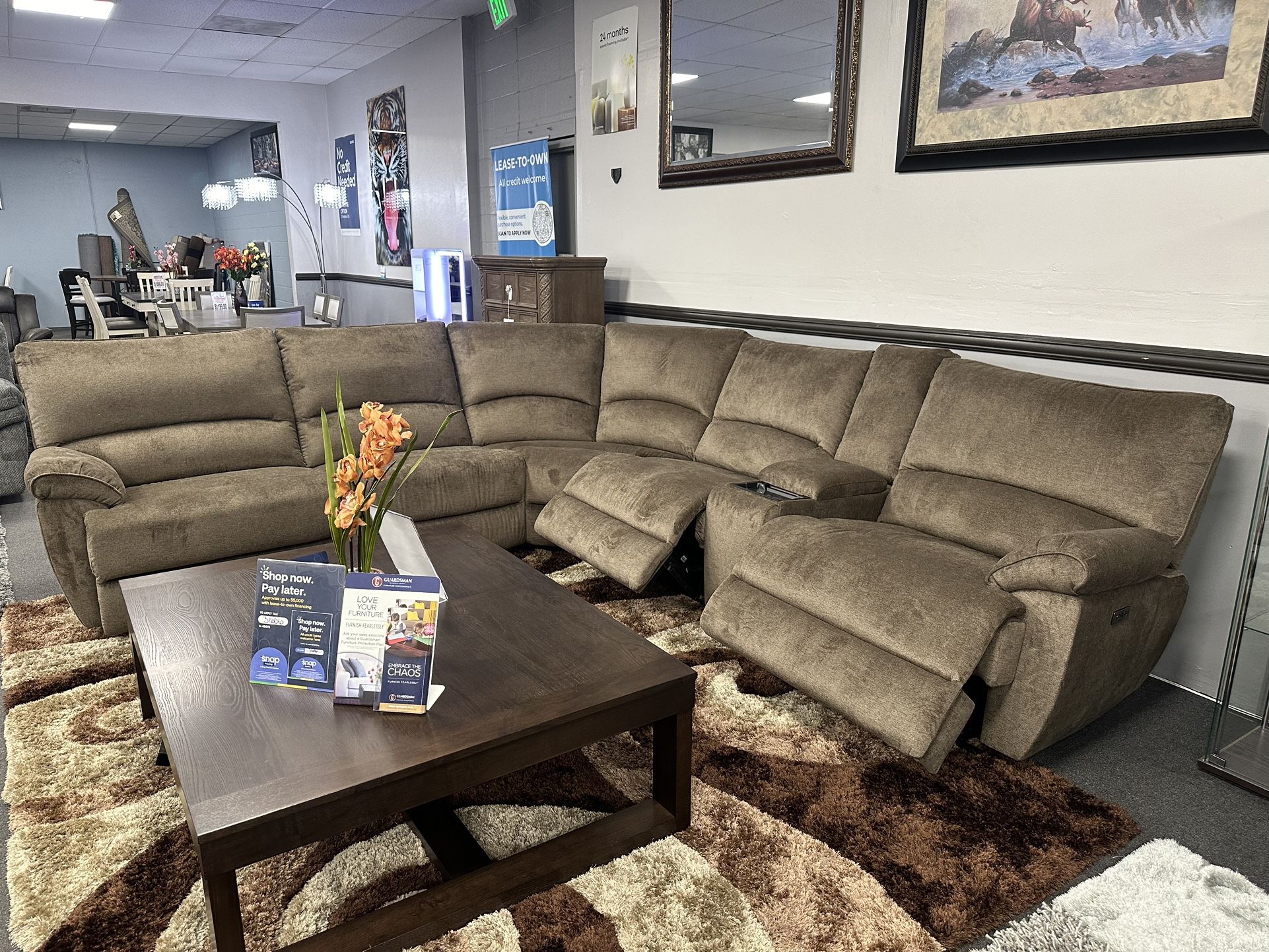 Brown Sofa Sectional w/ 3x Power Recliners & Wireless Charging Station