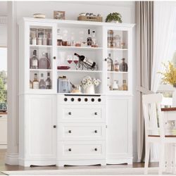 72" Tall Kitchen Storage Cabinets with Doors and Open Shelves, 58" Wider Kitchen Hutch w/Wine Drawer, Large Modern Pantry Cabinet with Countertop, Cof