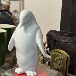 White Glazed Ceramic Penguin Statue, Or Monkey In Top Hat Statue $25 Each. 