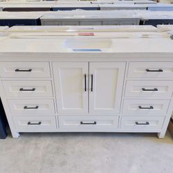 Single Sink Bathroom Vanity “60” in White Color with Black Handles and Marble Top in White  $849 