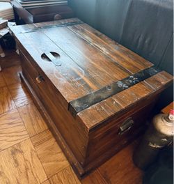 Antique Rustic Wooden Storage Trunk with Metal Strapping