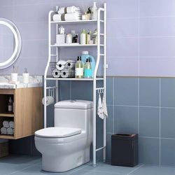 3-Tier Over The Toilet Storage, Freestanding Metal Bathroom Shelves, Above Toilet Storage Rack with Hooks and Paper Holder, Space-Saving, for Bathroom