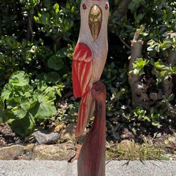 Vintage hand carved wooden parrot bird on stand sculpture from Bali-21x5 inches